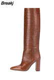 Women's Knee High Boots Tall Canister Sexy Women Boots Pointed Toe Chunky Heel Crocodile Print Women Boots High-heeled