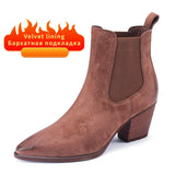 Ankle Boots for Women Luxury Genuine Leather Block High Heel Elastic Band Short Booties Goth Brown Black Shoes