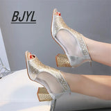 High-heeled Sandals Women Summer Thick-heeled Fish Mouth Large Size Mesh Breathable Women's Rhinestone Back Zipper