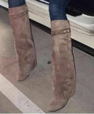 Lock Folded Woman Wedge Boots Black Leather Belt Height Increasing Knee High Boots Pointed Toe Winter Long Boots