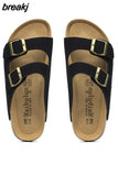 2023 New Summer Men Cork Slipper Casual Beach Double Buckle Non-slip Outside Nubuck Leather Slip on Slides