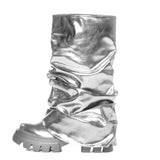 Women's Mid Calf Boots Thick Bottom Round Toe Runway Style Pleated Boots Women Platform Boots Gold Silver Large Size Shoes