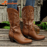 Boots Pointed Toe Mid Calf Boots Autumn Winter 2023 Vintage Style Embroidery Boots Thick Heels Comfy Walking Lady