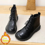 Wide Toe Small Leather Boots Ankle Boots Autumn Winter Plus Velvet Warm Short Boots Mori Literary Casual Women