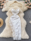 Floral Lace Patchwork Satin Dress Women Fashion Summer Spaghetti Strap Criss Cross Backless Irregular Midi Club Party