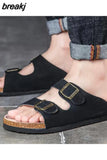 New Summer Men Beach Suede Cork Slipper Couple Shoe Casual Nubuck Leather Women Outdoor Double Buckle Slide