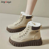 Women Snow Boots Winter Spring Warm Thick Soled Ankle Boots Solid Color lace-up Shoes for Women Height Increasing Plush