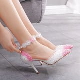 Queen Women Sandals High Heels White Blue Lace Wedding Shoes Pointed Toe Flower Pearls