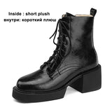 Women Genuine Leather Ankle Boots Round Toe Platform Thick High Heel Lady Zipper Lace-up Short Boot Winter Autumn