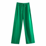 Women Elastic Waisted Green Straight Pants Casual Lady Loose Trousers