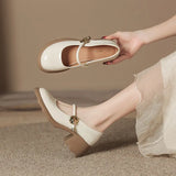 Breakj Leather Round Head Mary Jane Shoes Female Spring / Summer 2024 Comfortable Thick Heel Shallow Mouth Single Shoes Middle High Heel One Word With
