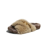 Winter Women Cross Fluffy Slipper Casual Fashion Metal Buckle Artificial Plush Inside Soft Slides