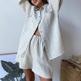 Two Piece Set Casual Long Sleeve Turn-down Collar Cotton Linen Loose Blouse Shirts And High Waist Shorts Retro