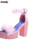 Furry Sandals High Heels with Fur Female Platform Pumps Women Ankle Strap Women's Wedge Shoes 2023