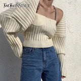 Casual Beige Knitted Women's Suit Square Collar Sleeveless Top Bishop Long Sleeve Cardigan Two Piece Set Women