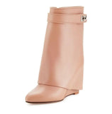 Suede Shark Lock Boots Pointed Toe Height Increasing Women's Ankle Winter Runway Boots Size 10 Sexy Woman Ankle