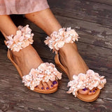 Summer Flat Sandals Women Flowers Handmade Beaded Rhinestones Pearl Lady Plus Size 43 Comfortable Sweet Women's