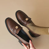 Women's Loafers British Style Mid Heel Round Toe Single Shoes Slip on Leather Shoes for Women School Casual Flats Туфли