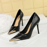 Breakj Retro High Heels Fine Heel Banquet Women Shoes Snake Grain Patent Leather Shallow Mouth Metal Pointed Head High Heel Single