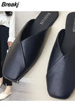 Women Mules 2023 Summer Elegant Square Closed Toe Flat Slippers Female Shoes Casual Leather Black White Slides Plus Size