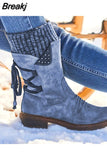 Women's Boots Winter 2023 Side Zipper Snow Boots Lace Up Women Shoes Plus Size 43 Knitting Retro Ankle Boots Botas De