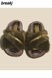 Winter Women Cross Fluffy Slipper Casual Fashion Metal Buckle Artificial Plush Inside Soft Slides