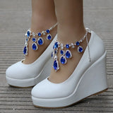 Queen Ankle Strap Wedges Pumps Large Size Bridal Women Rhinestone Platform Shoes Mary Jane High