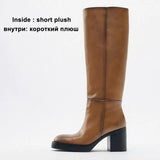 INS Women Genuine Leather Knee High Boots Round Toe Platform Thick High Heel Zipper Ladies Long Boot Autumn Winter