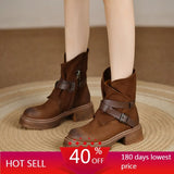 Autumn British Style Retro Thick Heels Buckles Genuine Leather Women Mid-Calf Half Motorcycle Boots Winter Plush