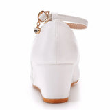 Queen White Lace Women Wedges Platform 5CM High Heels Ankle Strap Ladies Pumps Office Party Dance Wedding