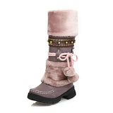 Style Women Boots Suede Leather Cotton Shoes for Women Plush Warm Snow Boots Retro Square Toe Thick Heel Mid-Calf