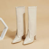 Fold Knee Women High Heel Boots Shark Lock Women Wedge Heel Boots Pointed Toe Big Size Long Boots Chaussures 2022