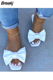 Summer Plus Size One-line Solid Color Bow Flat Sandals Outdoor Beach Slippers Elegant Women Shoes