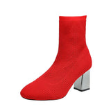 Color 7cm Square Heels Socks Boots Women Big Size 43 Stretch Fabric Elastic Pointed Toe Shoes Ankle Boot Woman