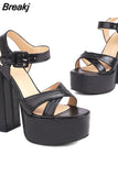 High Heeled Women's Sandals New Fashion 2023 Summer Ankle Buckle Flock Sandals European Style Sexy Party Banquet