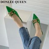 Spring Mule Slipper Women Flat Slide Brand Metal Buckle Slip on Casual Flip Flop Pointed Toe Crossover Sandal Big Size