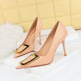 Breakj Korean Version Of Fashion And Slender Thin Heel Shallow Pointed Metal Buckle Single Shoes Women's High