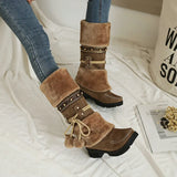 Style Women Boots Suede Leather Cotton Shoes for Women Plush Warm Snow Boots Retro Square Toe Thick Heel Mid-Calf