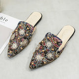 2023 New Elegant Women Rivets Slides Mules Breathable Flat Slippers Closed Toe Slides Party