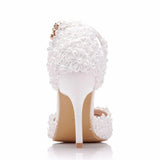 Queen Women Lace High Heels Banquet Wedding Shoes Bridal Sandals Pointed Sweet Wild Single Pumps Large
