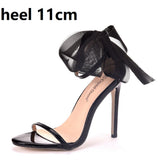Queen Woman Sweet Bow Knot Elegant Ankle Strap Party Sandals Black Thin High Heels White Wedding Shoes Open