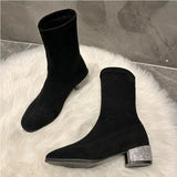 Women's Boots Stretch Fabric Socks Boots Women Shoes Mid-Calf Square Heels Breathtable Sock Shoe Motorcycle