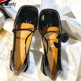 Women Flat Shoes Black Leather Shoes Flower Mary Jane Shoes Square Toe Square Heel Spring