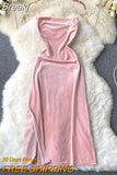 Sexy Women Pink Velvet Dress New Spring Autumn Spaghetti Strap Sleeveless Backless Side Split Evening Party Midi