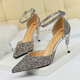 Elegant Party Sandals Metal Stiletto Glitter Pumps Luxury Women's Wedding Shoes Bride Gold Silver 2023 Women High