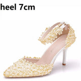 Queen Women Lace High Heels Banquet Wedding Shoes Bridal Sandals Pointed Sweet Wild Single Pumps Large