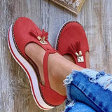 Women Summer Sandals Fashion Buckle Strap Solid Fringe Cover Heel Flat Platform Heel Casual Ladies Plus Size