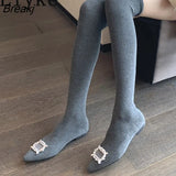 2023 Autumn Women Cozy Knitting Stretch Fabric Socks Boots Crystal Buckle Casual Flat With Thigh High Over The Knee