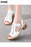 New Women's Square Heel Summer Shoes Leather Zip Gladiator Sandals Medium Heel Zip Platform Sandals High Heels