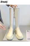 Women Ankle Boots Ladies Shoes Slip On Mid Calf Boots Platform Soft PU Leather Long Boot Footwear Woman Fashion Spring